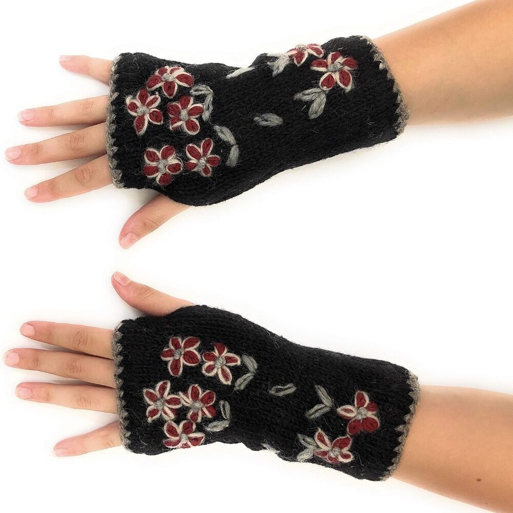 Hand Knit Fingerless Embroidered Flower Winter Wool Texting Gloves Mittens Warm
